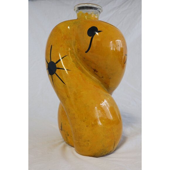 Vtg 1990's Large Hand Painted From The Inside Yellow Bulbous Vase Abstract - Picture 10 of 10